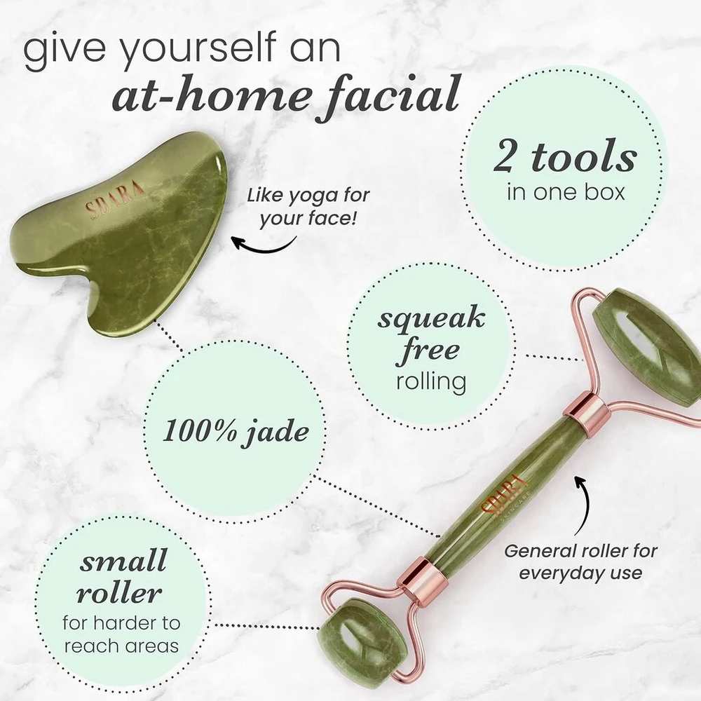 Jade Roller ir Gua Sha rinkinys - veido volelis ir masažo įrankis stangrinimui, raukšlių mažinimui ir akių patinimui mažinti - natūralios veido priežiūros priemonės