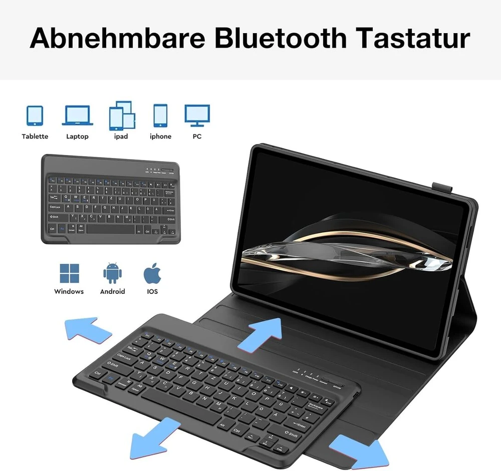 Jademall dėklas leno tab p12 12.7 colių planšetiniam kompiuteriui su nuimama klaviatūra, belaidė bluetooth magnetinė klaviatūra qwertz, juodas
