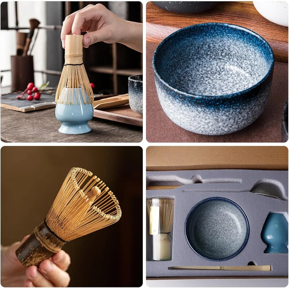 Japoniškas Matcha arbatos rinkinys, 6 dalių Matcha rinkinys, Matcha šluotelės rinkinys, Matcha šluotos rinkinys, pilnas Matcha rinkinys su Matcha dubeniu, arbatos miltelių šluotelė, Matcha šaukštelis, šluotos laikiklis (kiln Mėlyna)