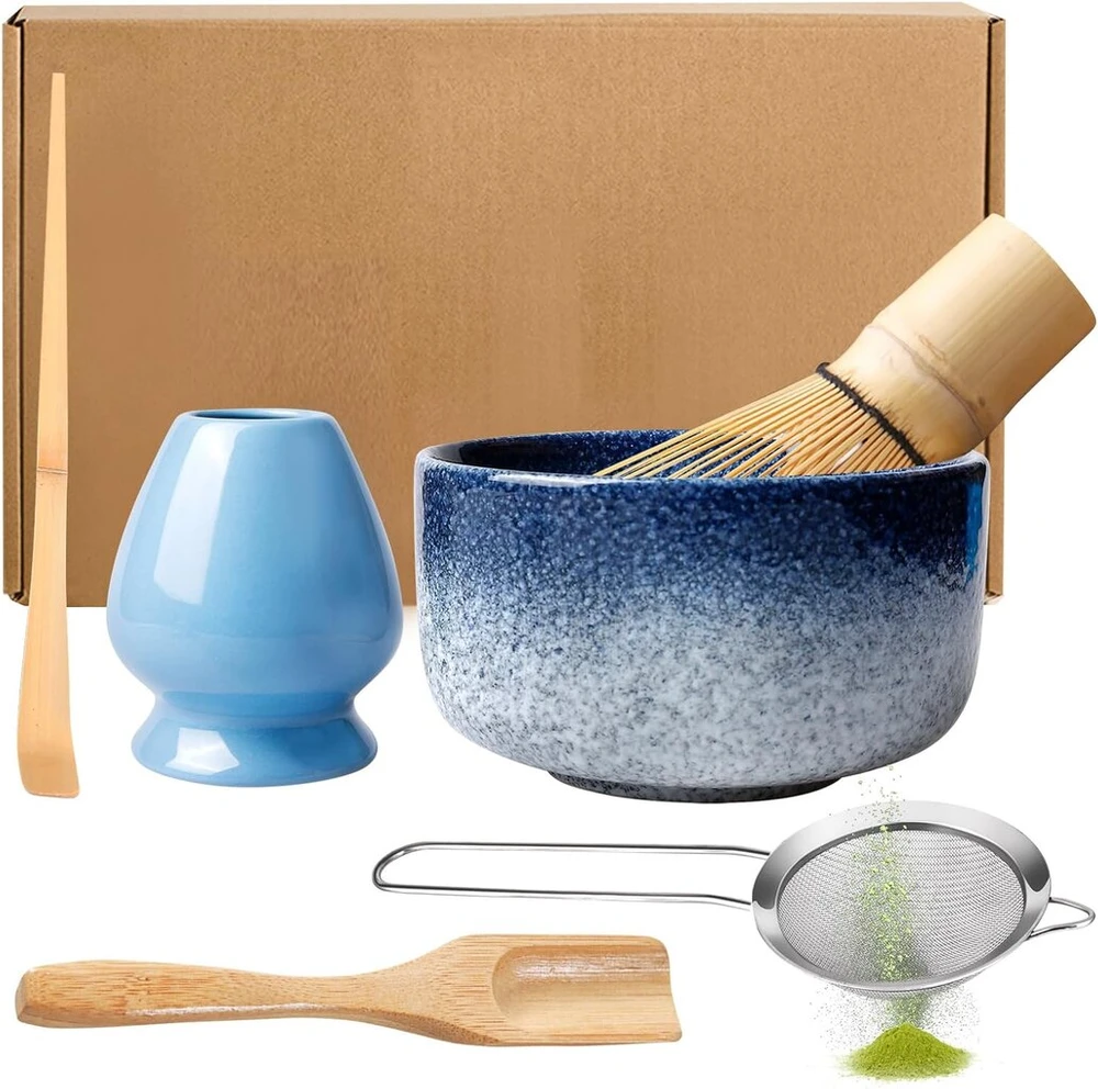 Japoniškas Matcha arbatos rinkinys, 6 dalių Matcha rinkinys, Matcha šluotelės rinkinys, Matcha šluotos rinkinys, pilnas Matcha rinkinys su Matcha dubeniu, arbatos miltelių šluotele, Matcha šaukšteliu, šluotos laikikliu (kiln Mėlyna)