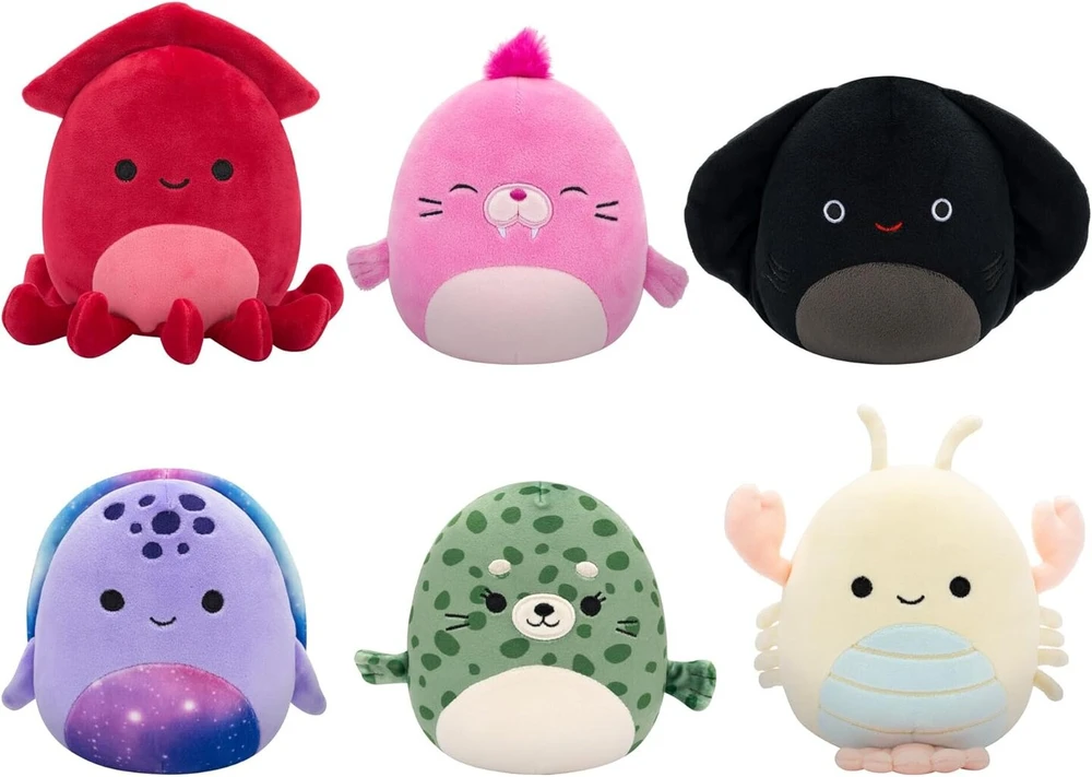 Jazwares Squishmallows mažas pliušinis žaislas 12,7 cm jūros gyvūnai - omaras, vėplys, kalmaras, jūros vėžlys, ruonis, dygliuotoji raja
