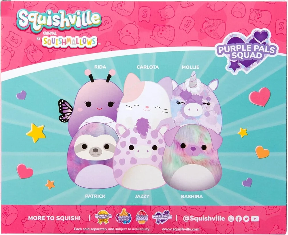 Jazwares Squishville Sqm0475 Violetinė Squad, itin minkšti mini Squishmallows, 5 cm pliušiniai žaisliukai, 6 vnt. pakuotė