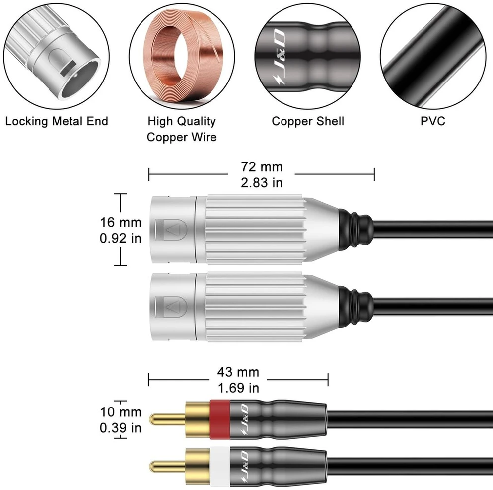 J&d dvigubas Rca į Xlr kabelis, nesubalansuotas 2 Rca į 2 Xlr Male Hifi stereo garso jungties mikrofono kabelis laidinis garsiakalbiams, stiprintuvams, Hifi stereo garso sistemoms, 2,7 metro