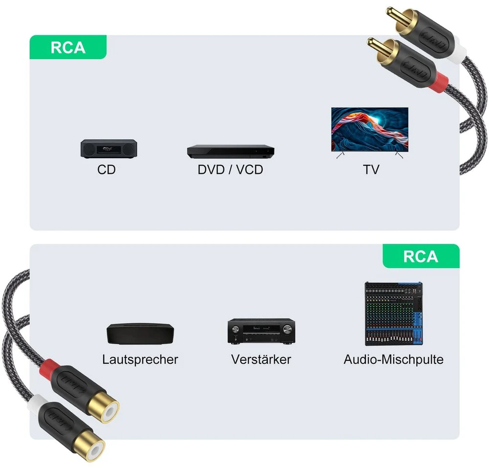 J&d Rca garso kabelio ilgiklis 0,9 m, Rca ilgiklis paauksuotas [audiowave Series] 2 Rca kištukai į 2 lizdus stereo garso kabelis su Pvc apvalkalu ir nailono pynimu