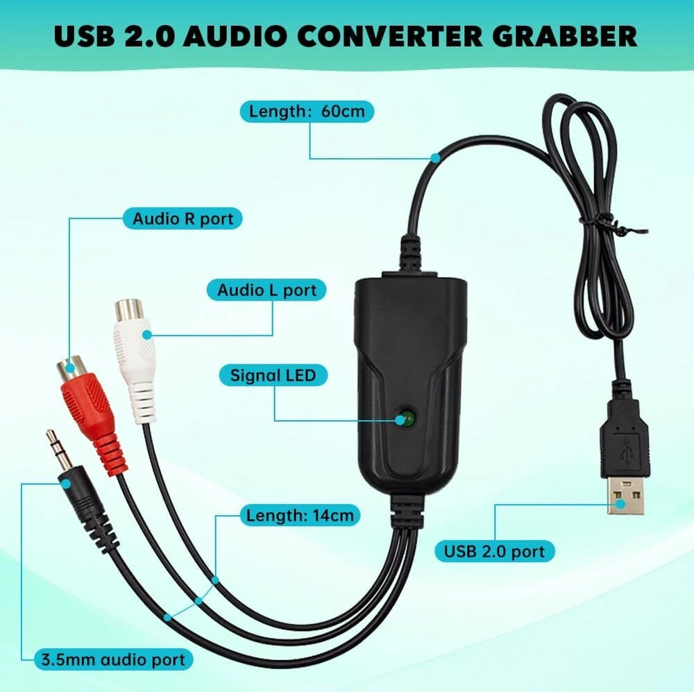 Stiprintuvas Jerilla usb 2.0 garso įrašymo plokštė, skirta kasečių konvertavimui į mp3, 3,5 mm, r/l stereo sąsaja, suderinama su windows xp/7/8/10 ir mac os 10.14