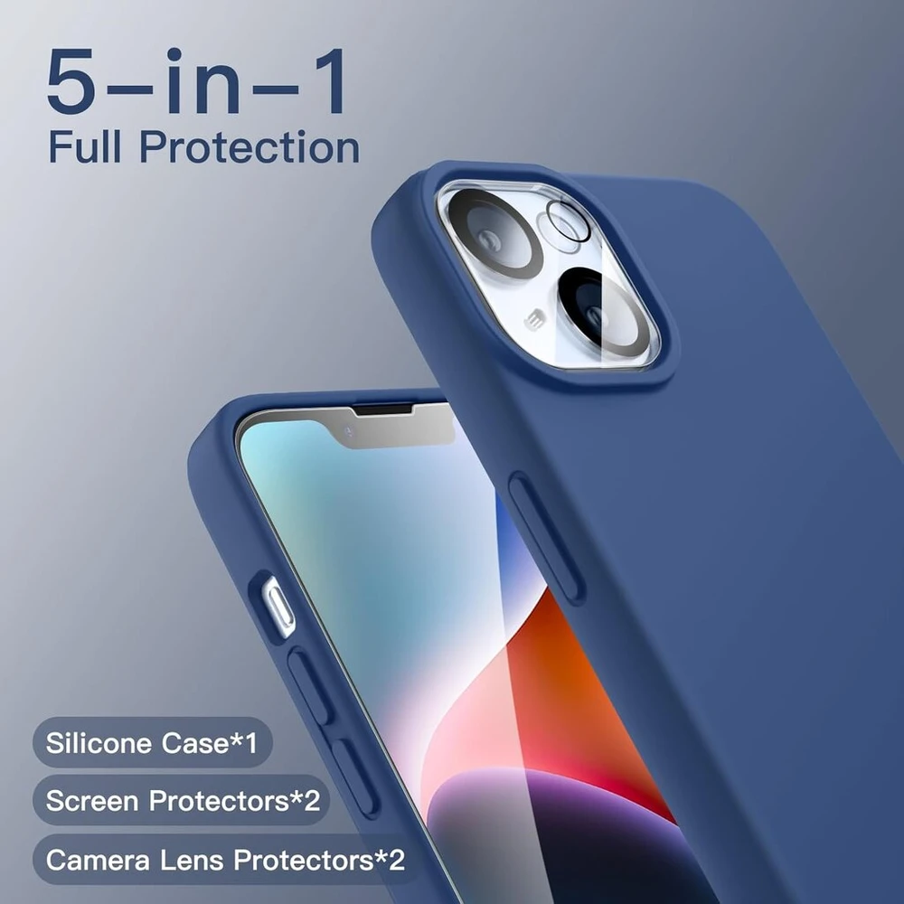 Jetech 5-in-1 silikoninis dėklas, skirtas iphone 14 6.1 colio telefonui, su 2 ekrano apsaugomis ir kameros apsauga, viso ekrano grūdinto stiklo plėvelė, ekrano apsaugos kamera, smūgiams atsparus telefono dėklas (kobaltas)