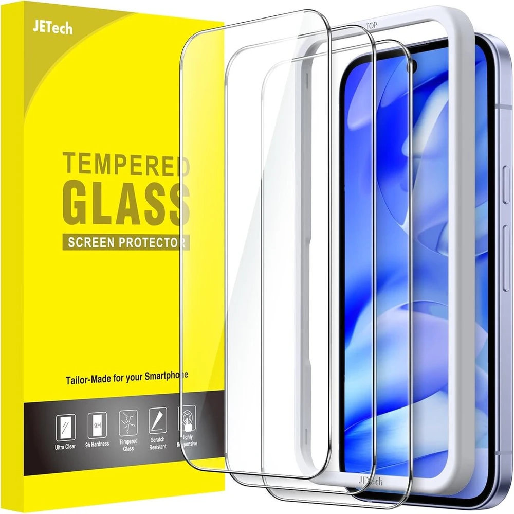 Jetech ekrano apsauga, skirta google pixel 9a 6.3 colių 2025, grūdinto stiklo plėvelė su lengvu montavimo įrankiu, suderinama su pirštų atspaudų skaitytuvu, hd clear, 3 vnt.