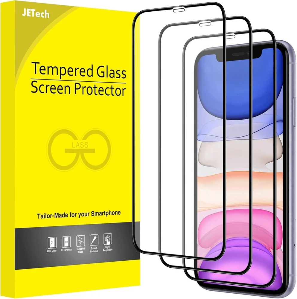 Jetech ekrano apsauga, skirta iphone 11/iphone xr 6,1 colio, juodas kraštas, 9h grūdinto stiklo ekrano apsauga neturi įtakos dėklui, grūdintas hd skaidrus, 3 vnt.