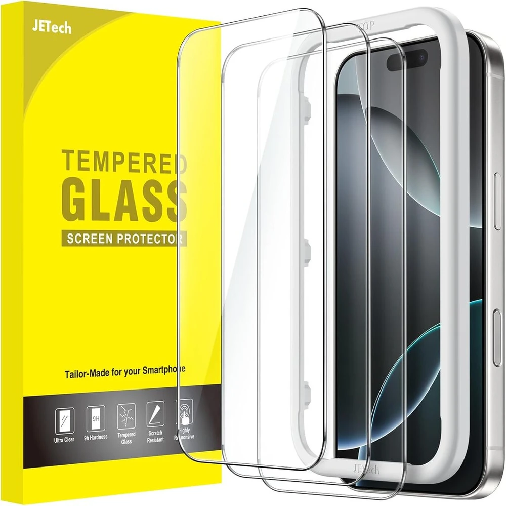 Jetech ekrano apsauga, skirta iphone 16 pro 6.3 colių, grūdinto stiklo ekrano apsauga su lengvu montavimo įrankiu, neturi įtakos dėklui, hd clear, 3 vnt.