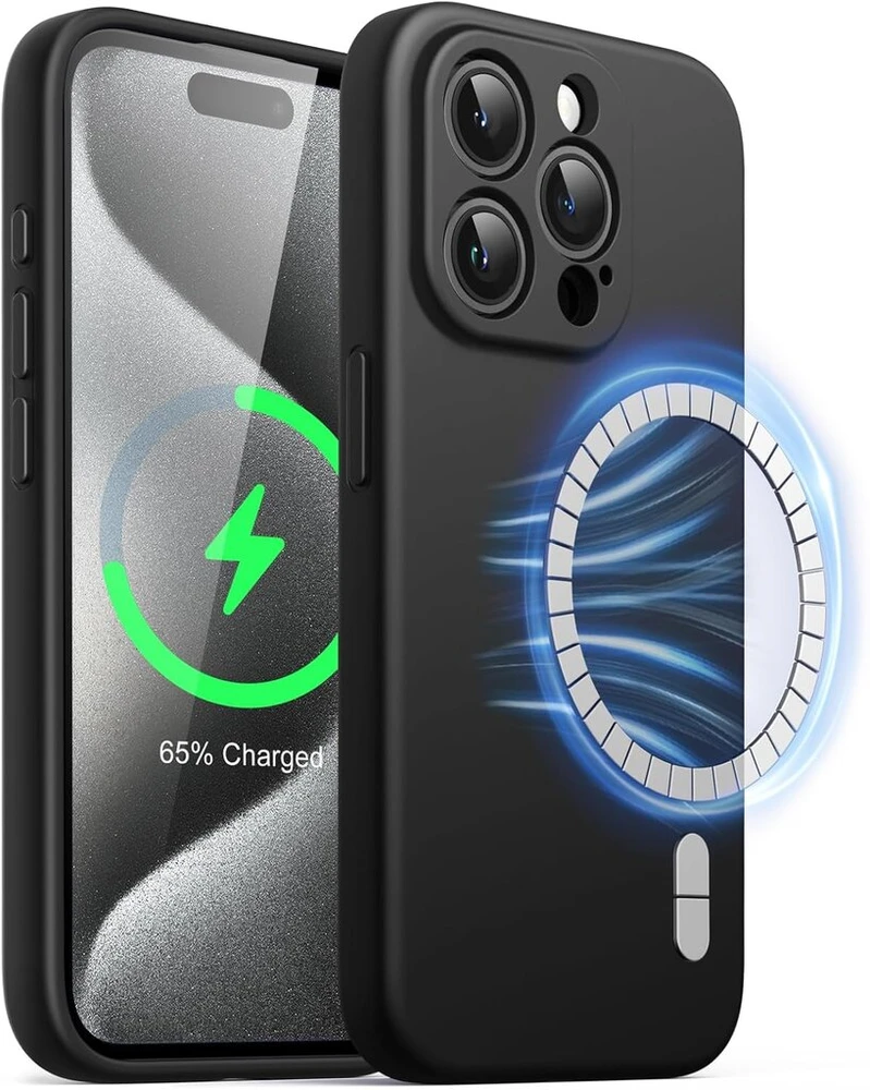 Jetech magnetinis silikoninis dėklas, skirtas iphone 15 pro 6.1 colio, suderinamas su magsafe, telefono dėklas su pilna kameros apsauga (juodas)
