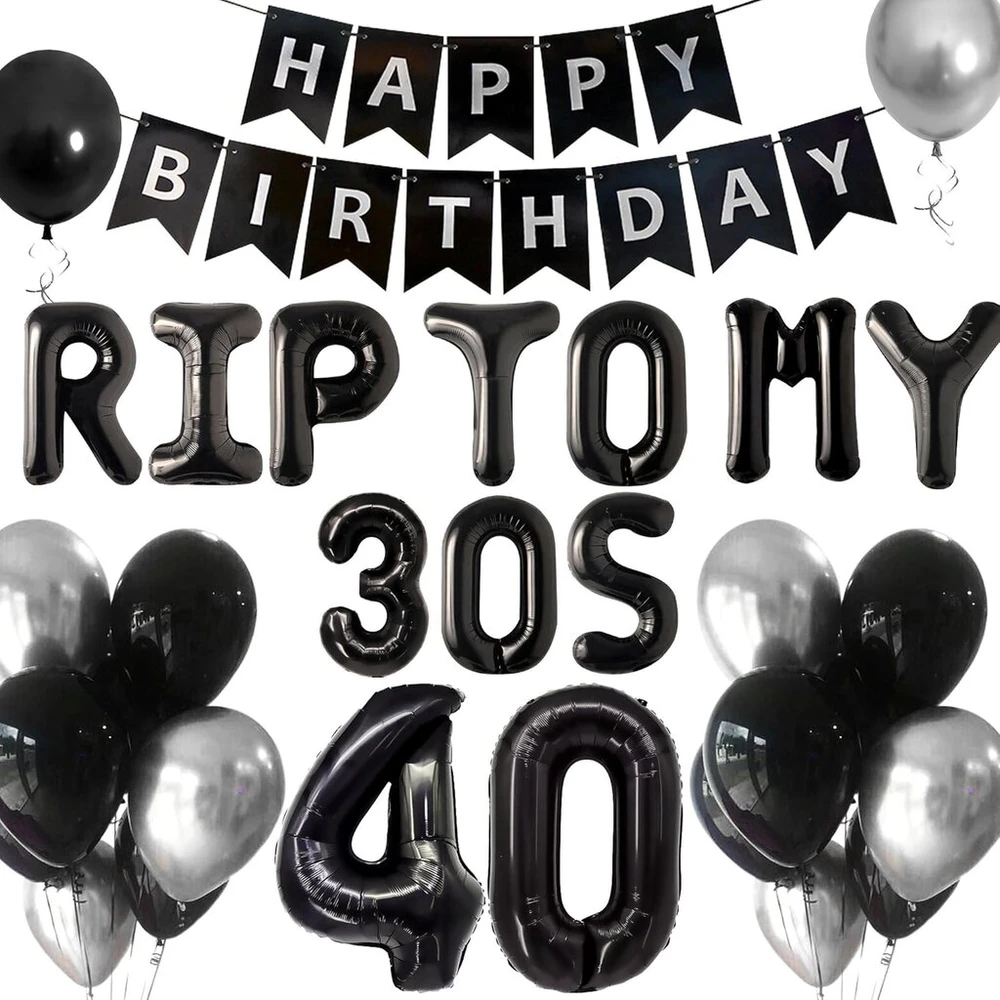 Jevenis Rip to My 30s balionai Rip Thirties balionai gotikinė gimtadienio dekoracija Death for My 30s baneris Funeral for My Youth 40-ojo gimtadienio dekoracija