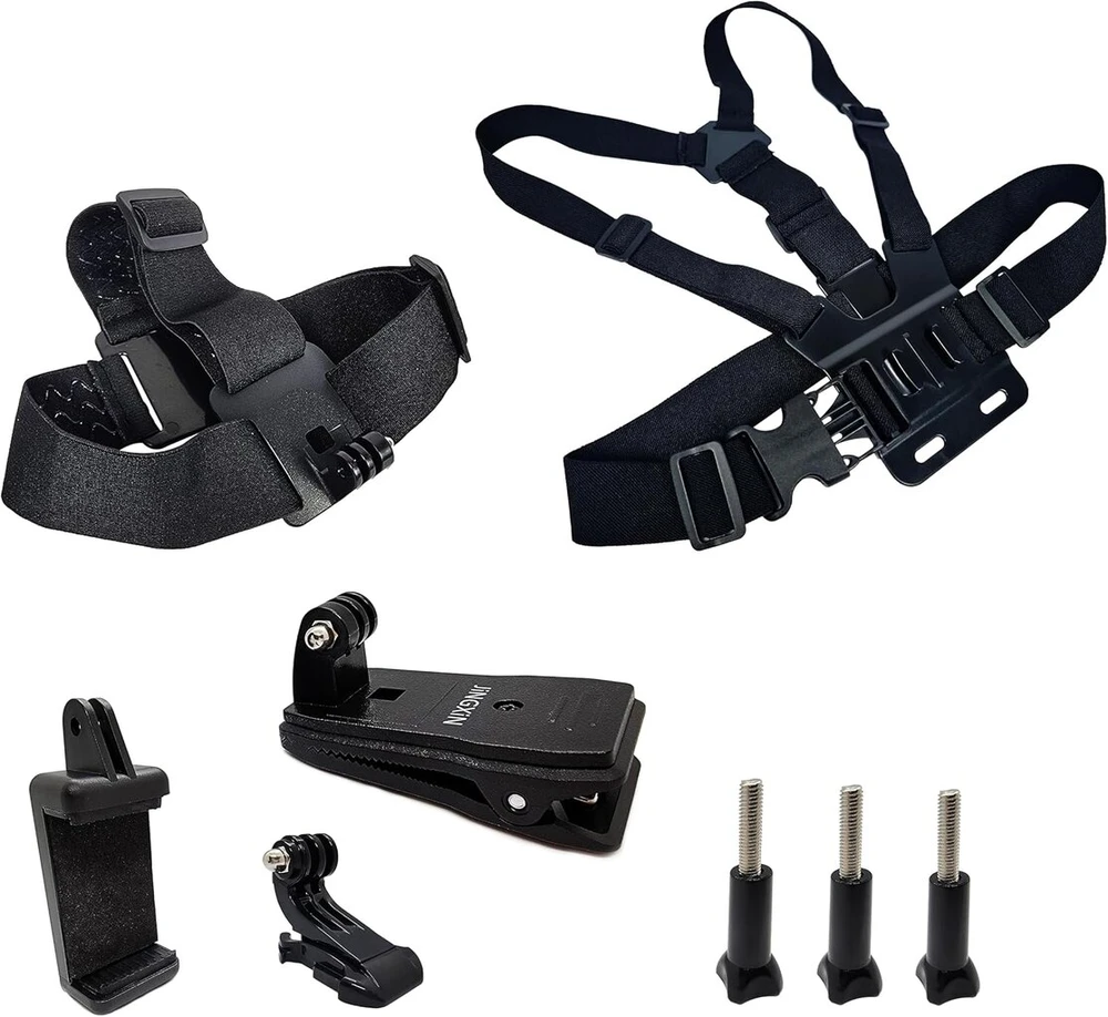Jingxin krūtinės diržo kuprinės laikiklis ir galvos tvirtinimo rinkinys, kvėpuojantis, skirtas Gopro Hero 12, 11, 10, 9, 8, 7, 6, 5, 4, Session, 3+, Max, Akaso, Dji Osmo Action kameroms