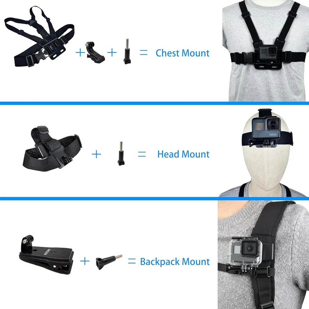 Jingxin krūtinės diržo kuprinės laikiklis ir galvos tvirtinimo rinkinys, kvėpuojantis, skirtas Gopro Hero 12, 11, 10, 9, 8, 7, 6, 5, 4, Session, 3+, Max, Akaso, Dji Osmo Action kameroms