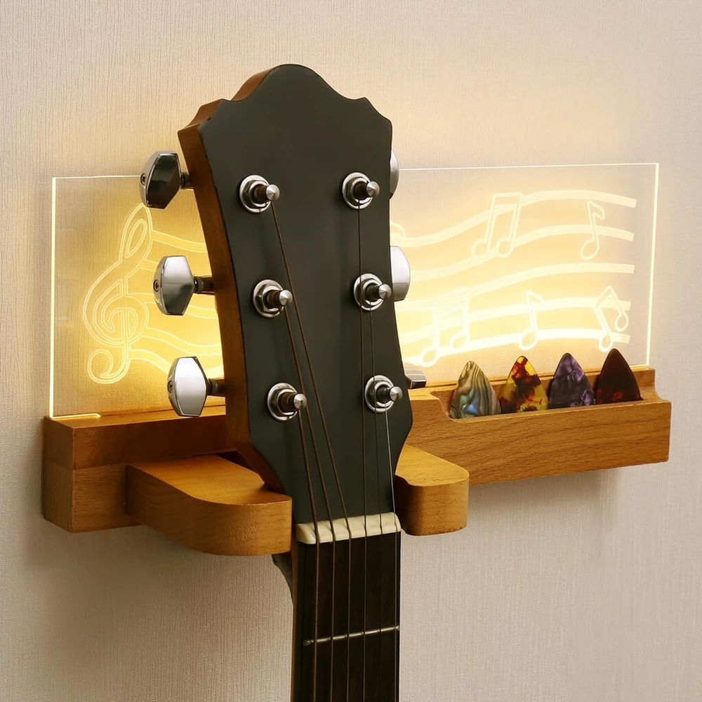 Jizzu gitaros sieninis laikiklis, usb maitinamas led šviečiantis medinis gitaros laikiklis, gitaros laikiklis akustinei, klasikinei gitarai, elektrinei gitarai, ukulele ir saugykla