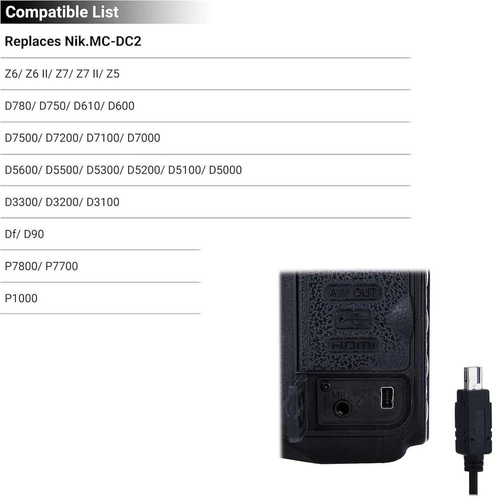 Jjc nuotolinio valdymo atleidimo dc2 kabelio jungties kabelis, skirtas nikon z7 z7ii z6 z6ii z6iii z5 df d600 d610 d750 d7500 d7000 d5100 d3300 p7800 p1000 p1100 (kitos suderinamos kameros)