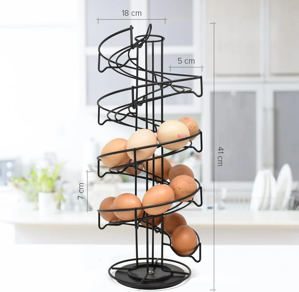 Joeji's Kitchen spiralinis kiaušinių dėklas, kiaušinių krepšys, spiralinis kiaušinių laikiklis, kiaušiniai - metalinis - talpina iki 36 kiaušinių - virtuvės reikmenų laikymo priedas (juodas)
