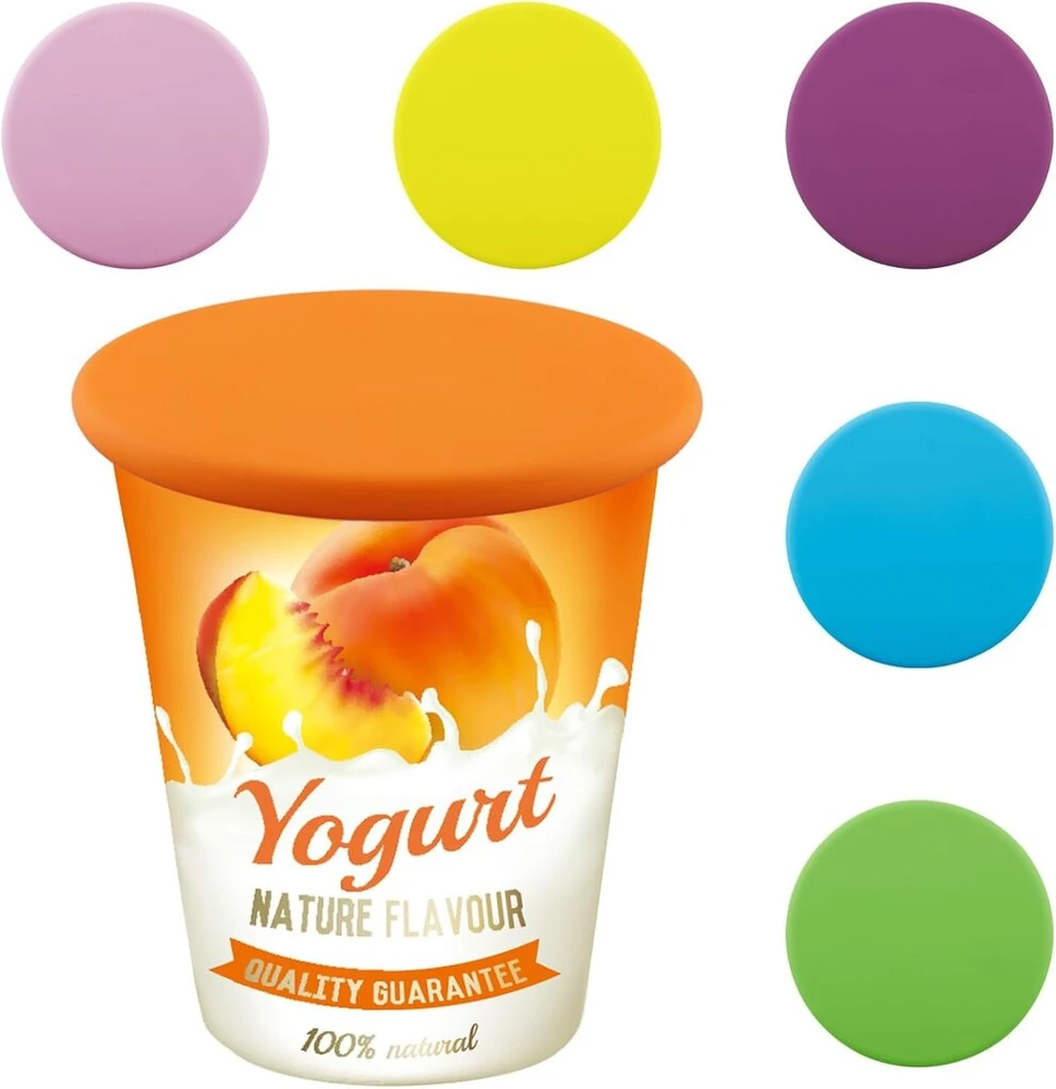 Jogurto puodelio dangtelis, 500g, 6 vnt. daugkartinio naudojimo silikoniniai jogurto dangteliai jogurto puodeliams (rožinis, mėlynas, oranžinis, geltonas, žalias, violetinis)