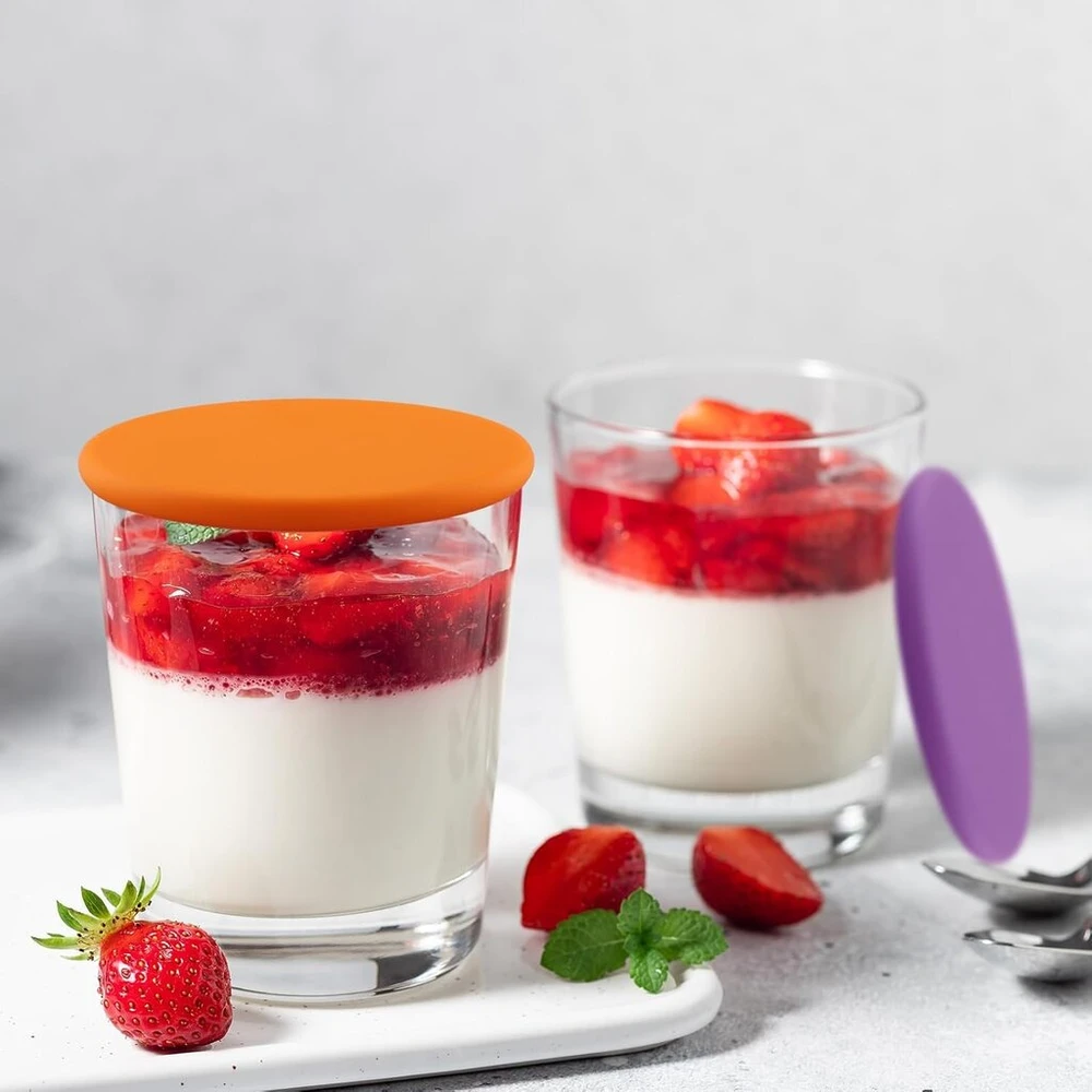 Jogurto puodelio dangtelis, 500g, 6 vnt. daugkartinio naudojimo silikoniniai jogurto dangteliai jogurto puodeliams (rožinis, mėlynas, oranžinis, geltonas, žalias, violetinis)
