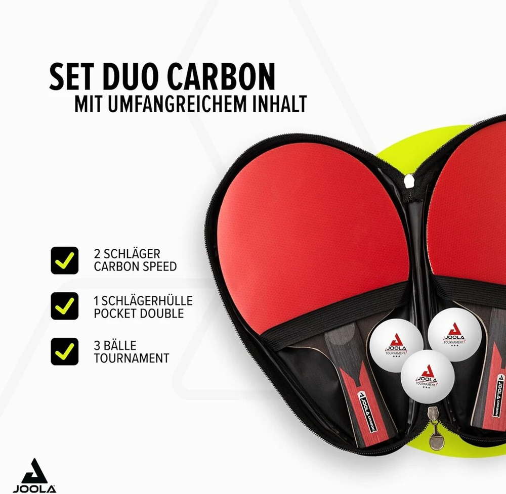 Joola Duo Carbon stalo teniso rinkinys, 2 stalo teniso raketės + 3 stalo teniso kamuoliukai + stalo teniso dėklas, raudona/juoda, 6 dalių