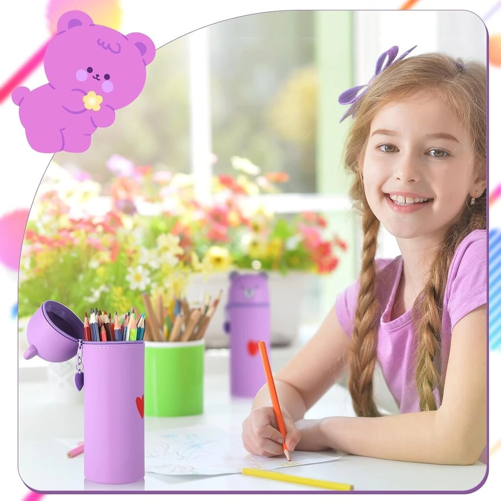 Jostift Kawaii minkštas silikoninis penalas ir rašiklių laikiklis 2 viename mielas animacinis penalas moksleiviams ir paaugliams, violetinis, mielas