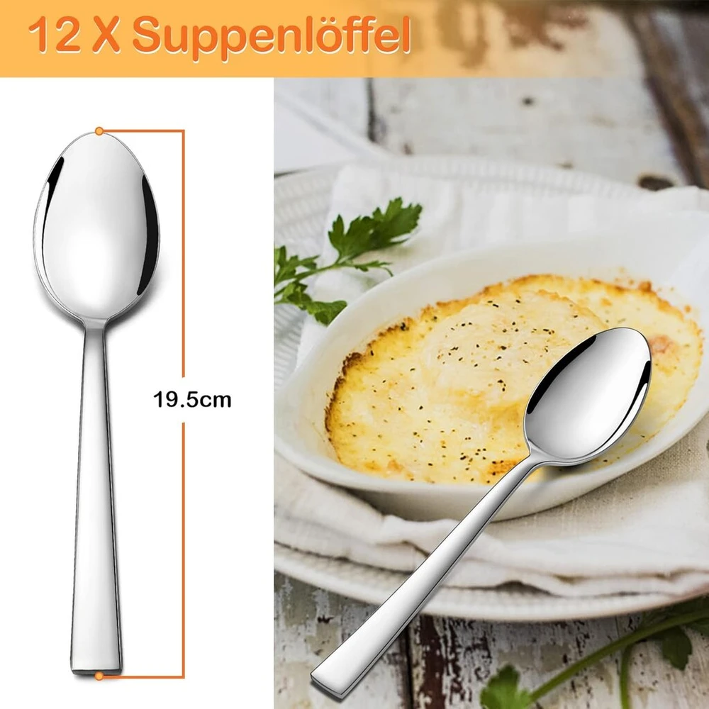 Joyfair 12 dalių nerūdijančio plieno stalo įrankių šaukštų rinkinys, patvarūs valgomojo šaukštai namams/virtuvei/restoranui, veidrodinis paviršius ir galima plauti indaplovėje - 19,5 cm