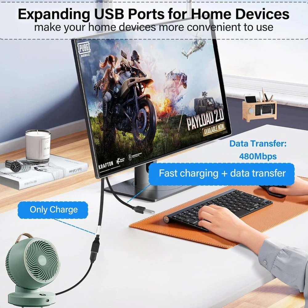 Jsadzkj Usb ilgiklio skirstytuvo laidas Usb 2.0 nuo vyriško iki dviejų moteriškų ilgiklių Usb 2.0 Y skirstytuvas įkrovimui ir duomenų perdavimui nešiojamam kompiuteriui 1.65 pėdos/50 cm