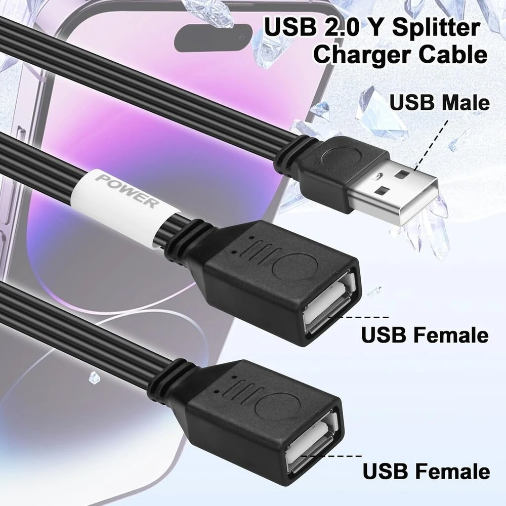 Jsadzkj Usb ilgiklio skirstytuvo laidas Usb 2.0 nuo vyriško iki dviejų moteriškų ilgiklių Usb 2.0 Y skirstytuvas įkrovimui ir duomenų perdavimui nešiojamam kompiuteriui 1.65 pėdos/50 cm