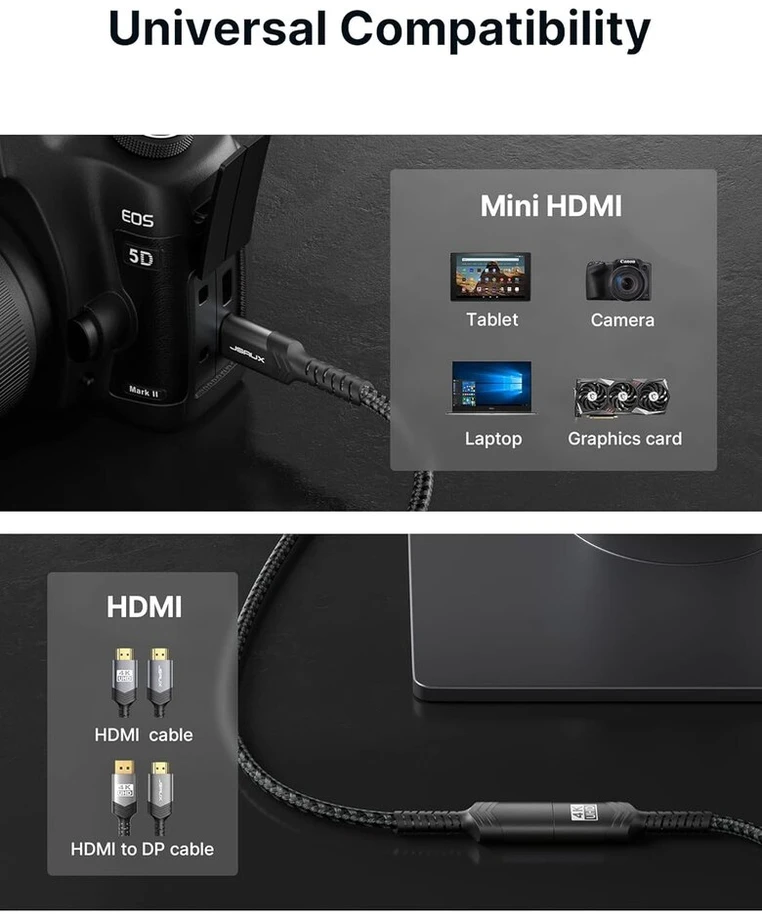 Jsaux mini hdmi į hdmi adapteris, mini hdmi male į hdmi female adapterio kabelis su 4k 60hz hdr 3d 18gbps, suderinamas su dslr, vaizdo kamera, nešiojamuoju kompiuteriu, planšetiniu kompiuteriu, hdtv, projektoriumi, juodas
