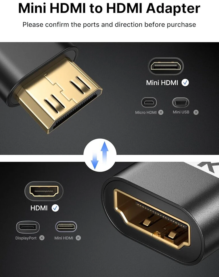Jsaux mini hdmi į hdmi adapteris, mini hdmi male į hdmi female adapterio kabelis su 4k 60hz hdr 3d 18gbps, suderinamas su dslr, vaizdo kamera, nešiojamuoju kompiuteriu, planšetiniu kompiuteriu, hdtv, projektoriumi, juodas