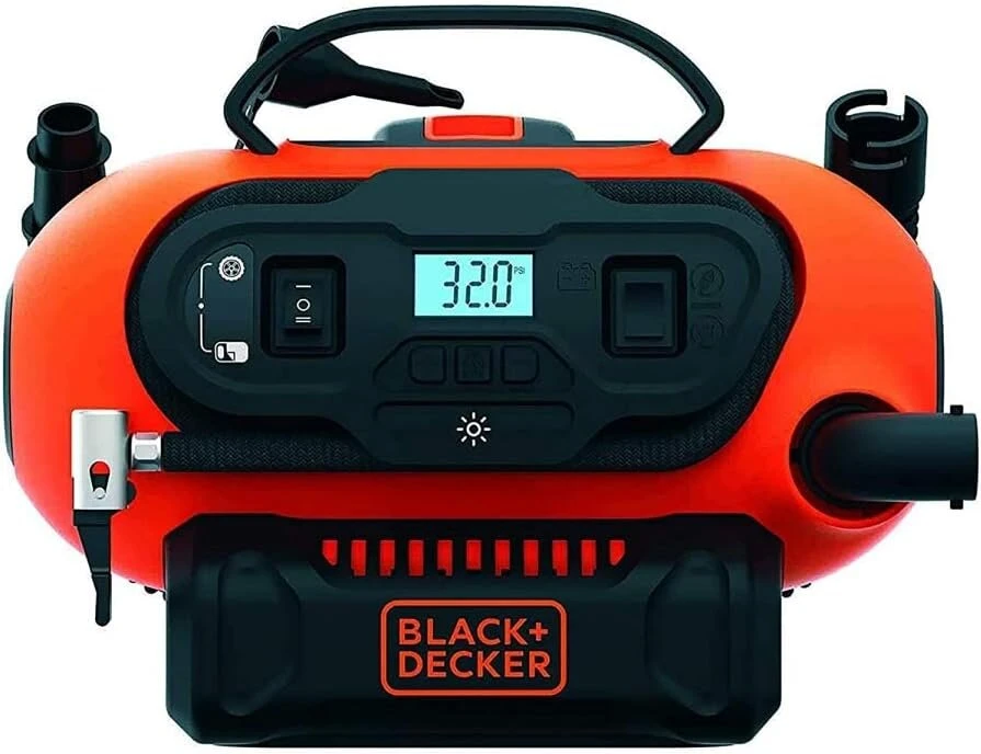 Juodas+decker Bdcinf18n-qs 11.0 Bar kompresorius/oro pompa (galimas maitinimo šaltinis: 12v/230v jungtis arba 18v akumuliatorius, 160psi padangoms, kamuoliams, vežimėliams, su 2 veikimo režimais ir siurbimo režimu