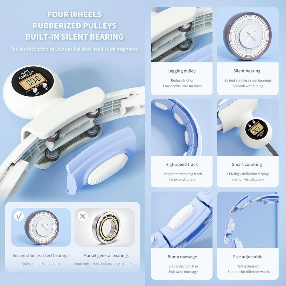 K-mart Smart Ring Weighted Hula Hoop, nuimamas hula lankas su 360 laipsnių automatiškai besisukančiu kamuoliuku, gimnastika, suaugusiųjų fitnesas svorio metimui