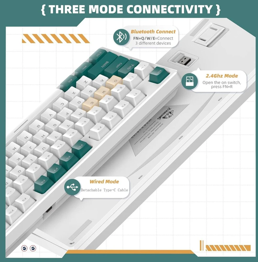 K87 75% belaidė žaidimų klaviatūra, Tkl 80% karšto keitimo mechaninė klaviatūra, trigubas režimas Bt5.0/2.4ghz/usb kabelis, kompaktiška 87 klavišų, Lightsync Rgb apšvietimas, programuojama, įkraunama 3000 Mah žalia