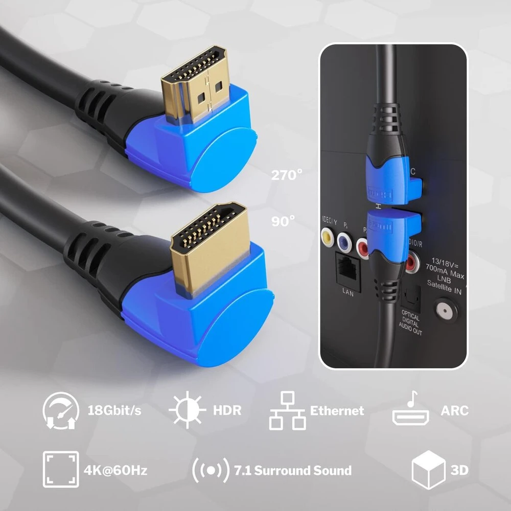 Kabeldirekt 8k/4k kampinis Hdmi kabelis - 1 m (kampinis kabelis 270°, papildomas varis Ultra Hd, 4k@120hz/8k@60hz, didelės spartos Hdmi su Ethernet, Blu-ray/ps5/XBOX Series X/switch, juodas)