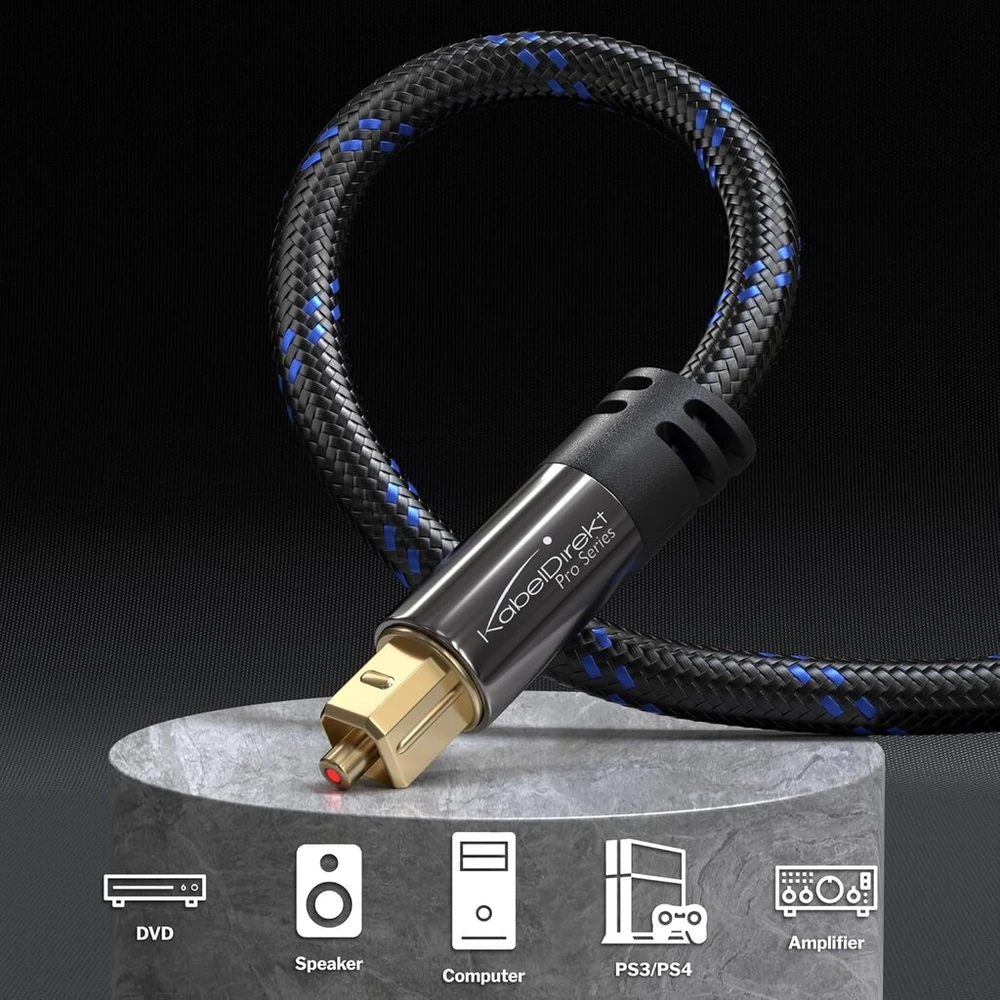 Kabeldirekt Toslink optinis audio kabelis su nailono pynimu - 10m - šviesolaidinis kabelis soundbar'ui (toslink į Toslink, skaitmeninis S/pdif kabelis, stereo/stiprintuvas, namų kinas, XBOX One/ps4)