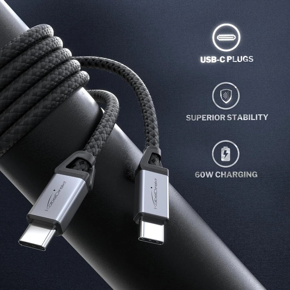 Kabeldirekt Usb C kabelis, greitas įkrovimas, nesulaužomos metalinės jungtys + nailono pynimas, Usb 2.0 - 2m (įkrauna 60w telefonus/nešiojamus kompiuterius - itin tvirtas - veikia kaip įkrovimo / duomenų kabelis, juodas)