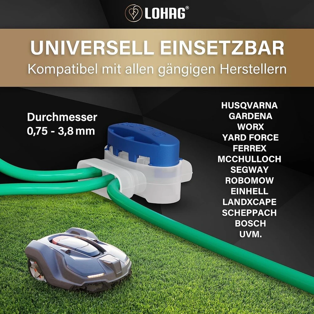 Kabelių jungtys / spaustukai praktiškoje dėžutėje + 1 m ribojantis kabelis / remonto rinkinys / idealiai tinka robotui vejapjovei / atsparus vandeniui