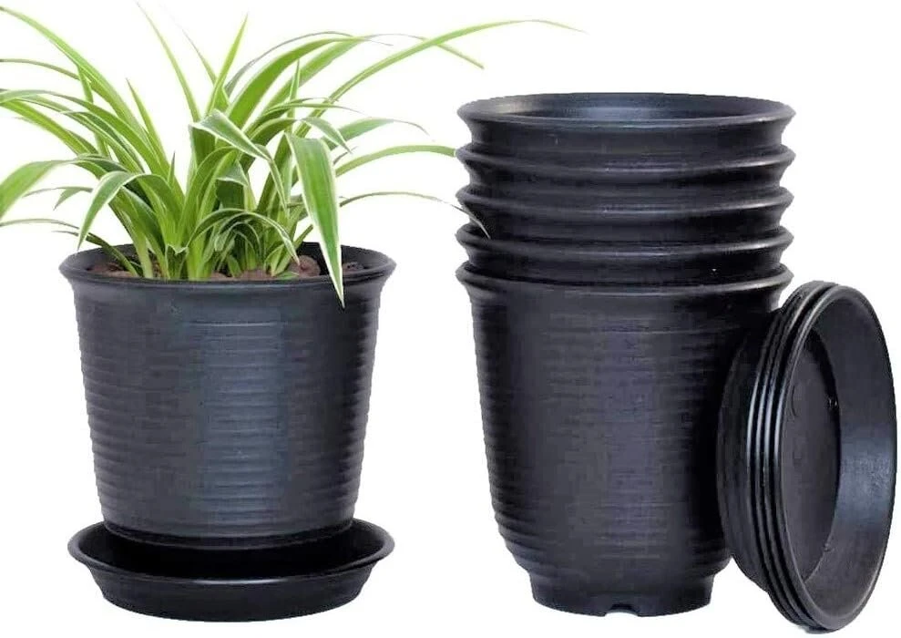 Kaheign 6 x plastikiniai vazonai, 15.5 cm gėlių vazonai, rinkinys, skirtas sodinukams, sodo vazonai augalams su drenažo padėklu (juodi)