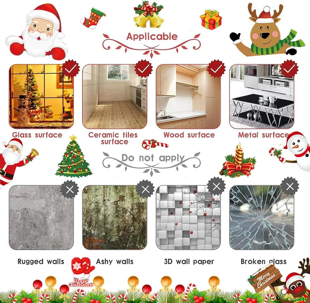 Kalėdiniai langų lipdukai, 8 lapų langų lipdukai, lipnūs kalėdiniai langų lipdukai, daugkartinio naudojimo pvc lipdukai, kalėdinė dekoracija, santa claus, snaigės, elnio langų dekoracija (a)