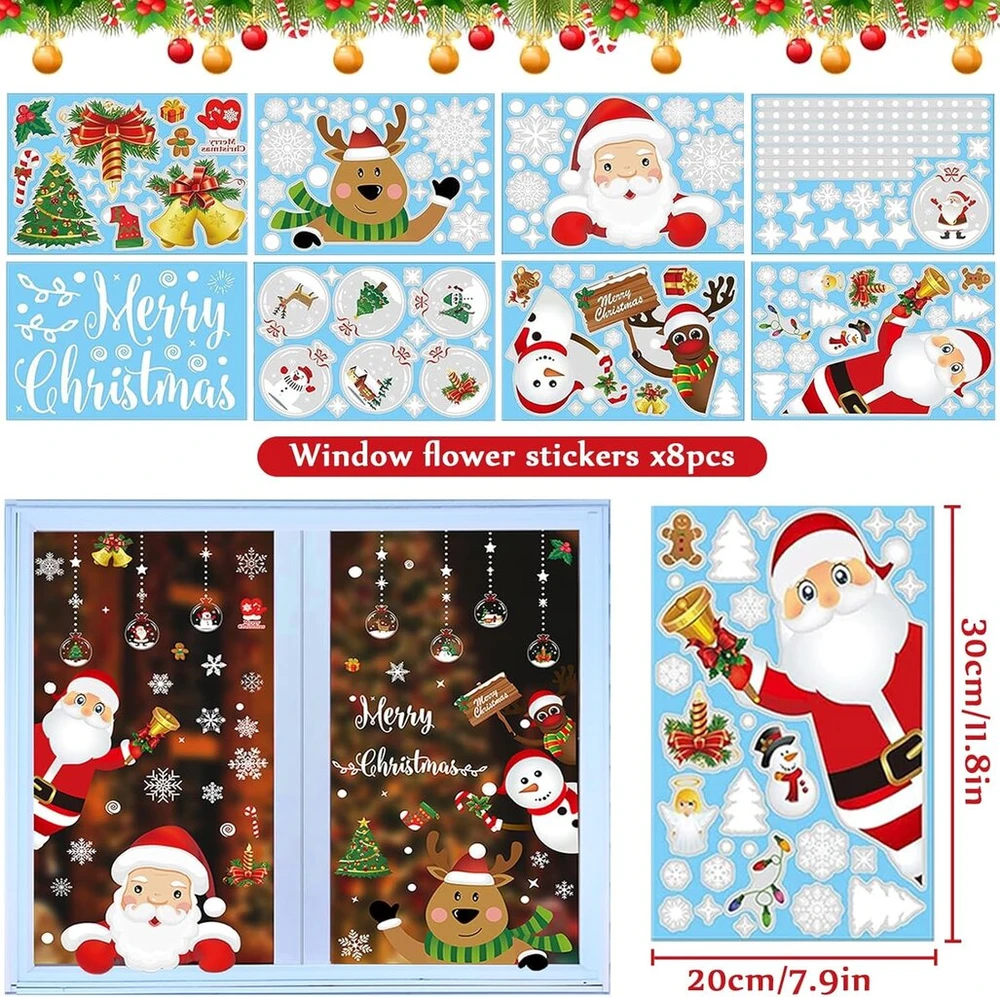 Kalėdiniai langų lipdukai, 8 lapų langų lipdukai, lipnūs kalėdiniai langų lipdukai, daugkartinio naudojimo pvc lipdukai, kalėdinė dekoracija, santa claus, snaigės, elnio langų dekoracija (a)