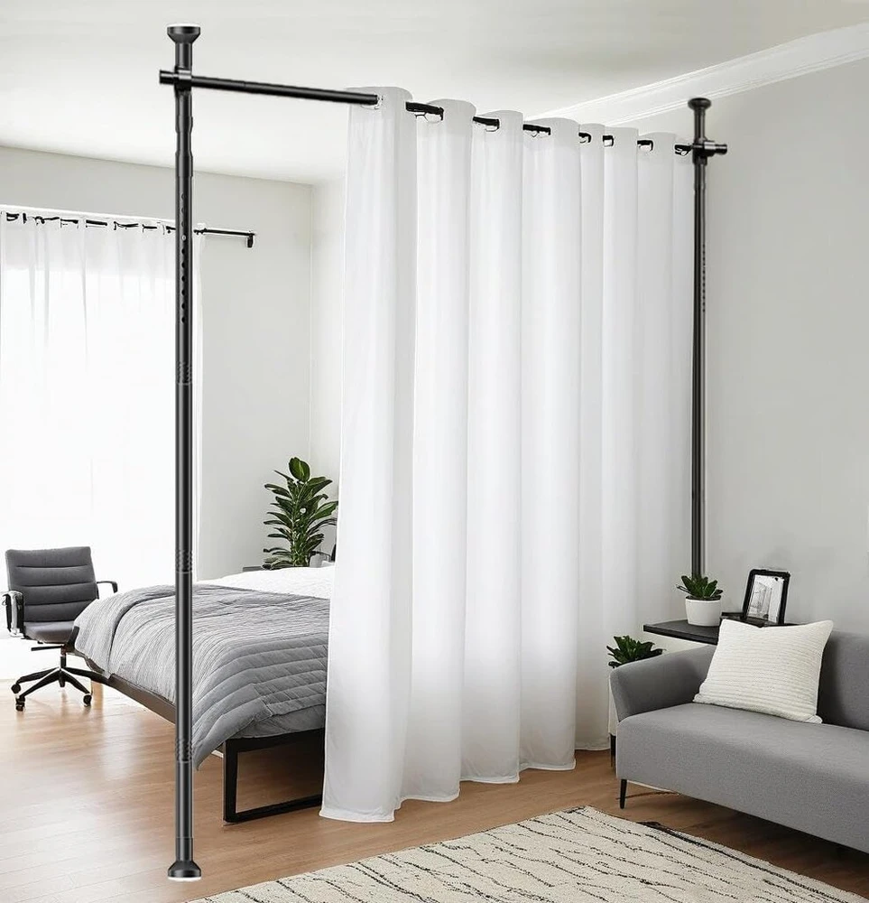 Kambario pertvara, ekrano rėmas, užuolaidų strypas 177 x 305 cm, lankstus reguliuojamas ekranas, kambario pertvara, be gręžimo, miegamajam arba biurui (juoda)