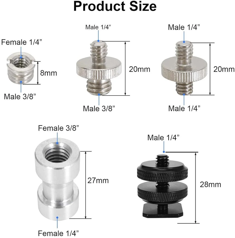 Kameros varžto adapteris, nuo 1/4 colio iki 3/8 colio ir nuo 1/4 colio iki 1/4 colio trikojo varžtai, nerūdijančio plieno kameros tvirtinimo varžtai, kameros varžto adapteris, trikojo sriegio adapteris, sriegio adapterių rinkinys, 22 vnt.
