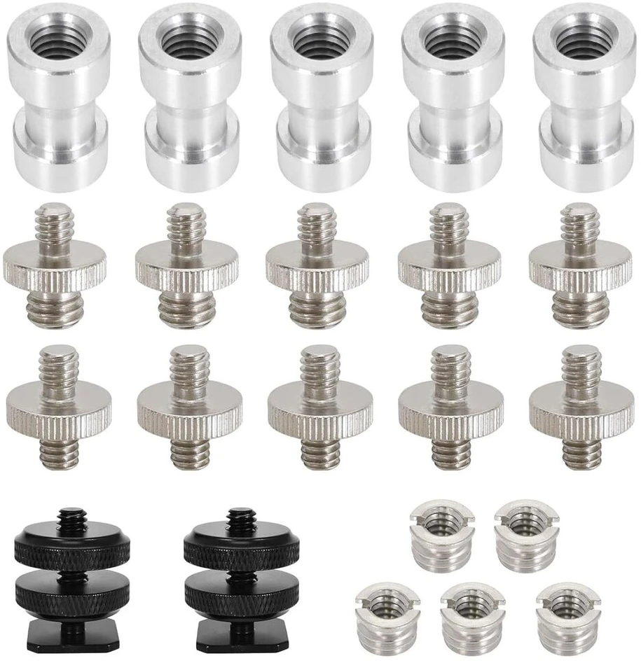 Kameros varžto adapteris, nuo 1/4 colio iki 3/8 colio ir nuo 1/4 colio iki 1/4 colio trikojo varžtai, nerūdijančio plieno kameros tvirtinimo varžtai, kameros varžto adapteris, trikojo sriegio adapteris, sriegio adapterių rinkinys, 22 vnt.