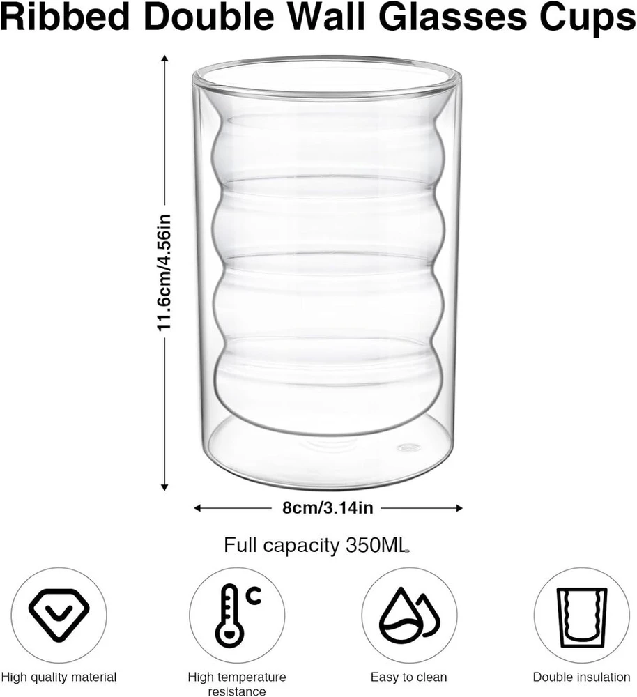 Kameun Dvisienės kavos stiklinės, 2 vnt., 350 ml, latte macchiato stiklinės, borosilikatinis stiklas, termo stiklinės, cappuccino stiklinės arbatai, pienui, alui, ledams