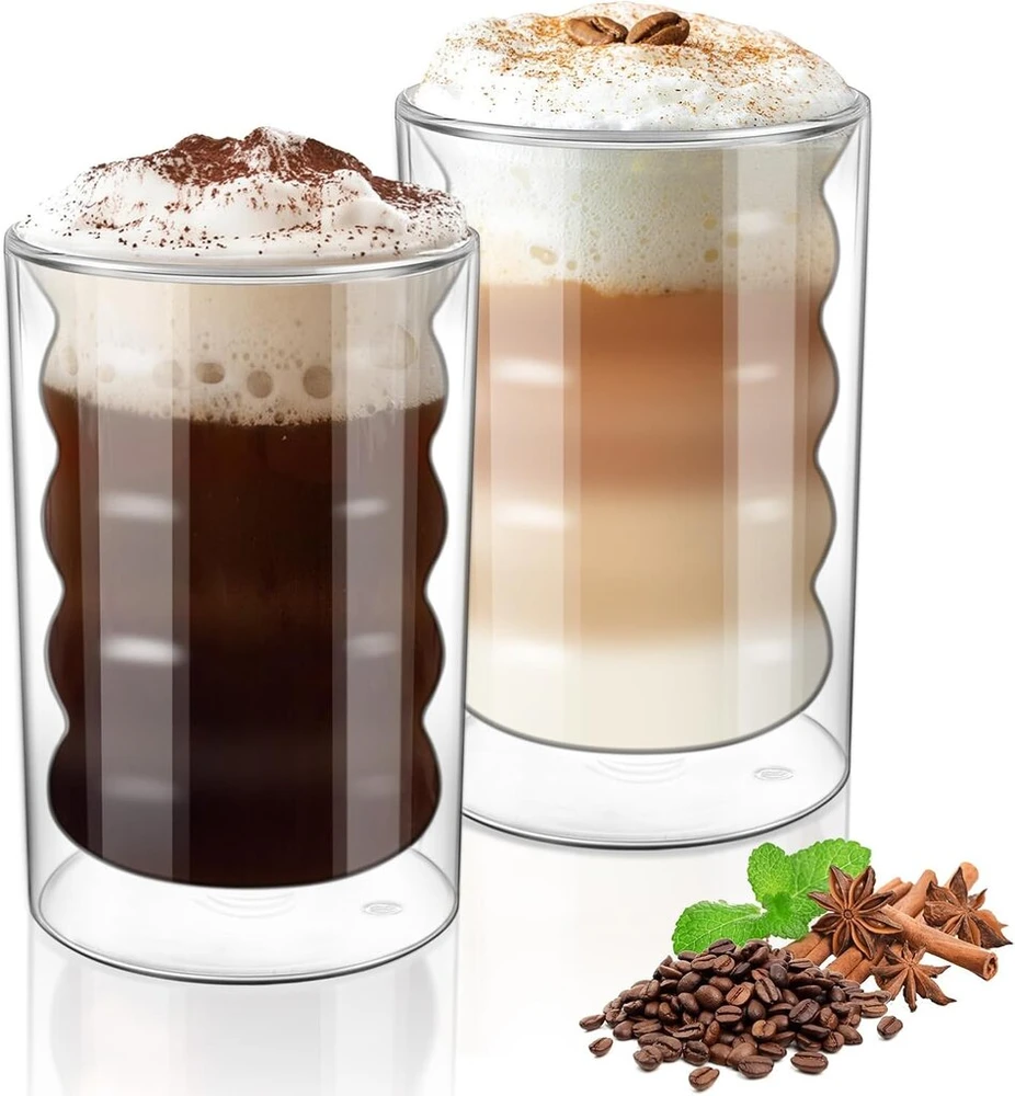 Kameun Dvisienės kavos stiklinės, 2 vnt., 350 ml, latte macchiato stiklinės, borosilikatinis stiklas, termo stiklinės, cappuccino stiklinės arbatai, pienui, alui, ledams