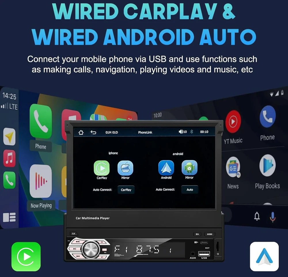 Automagnetola Kaolali 1 din automobilinis radijas android su 7 colių ištraukiamu jutikliniu ekranu, 1 din automobilinis radijas carplay su bt mirror link fm aux/tf/usb