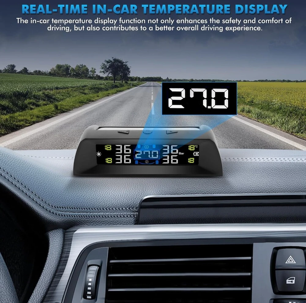 Kaolali tpms padangų slėgio stebėjimo sistema, vidaus temperatūros ekranas, įkrovimas saule ir usb funkcija, su spalvotu lcd ekranu ir 4 išoriniais padangų slėgio davikliais skirtas furgonams, kemperiams, sunkvežimiams, visureigiams
