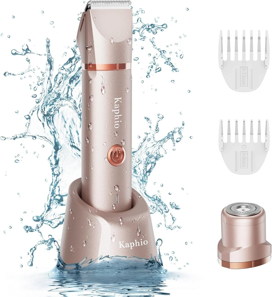 Kaphio bikini trimmeris moterims, intymių vietų plaukams, 2-in-1 elektrinis skustuvas moterims, įkraunamas elektrinis skustuvas, ipx7 atsparus vandeniui bikini trimmeris pažastims, kūnui, veidui (rožinis auksas)