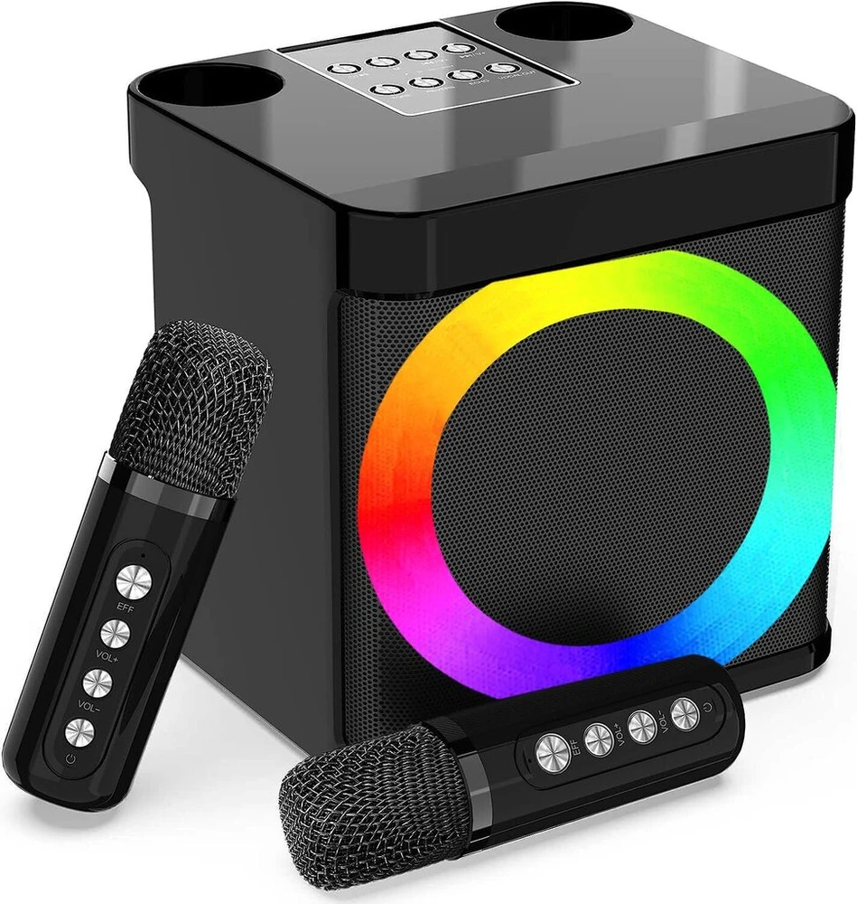 Karaoke aparatas su 2 mikrofonais, mini karaoke sistema su led apšvietimu, nešiojamas bluetooth karaoke garsiakalbis vaikams ir suaugusiems, puikiai tinka vakarėliams, gimtadieniams ir šeimos susibūrimams