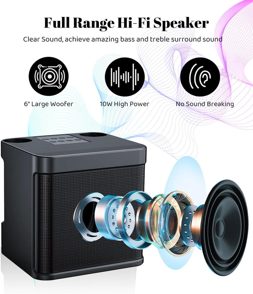 Karaoke aparatas su 2 mikrofonais, mini karaoke sistema su led apšvietimu, nešiojamas bluetooth karaoke garsiakalbis vaikams ir suaugusiems, puikiai tinka vakarėliams, gimtadieniams ir šeimos susibūrimams