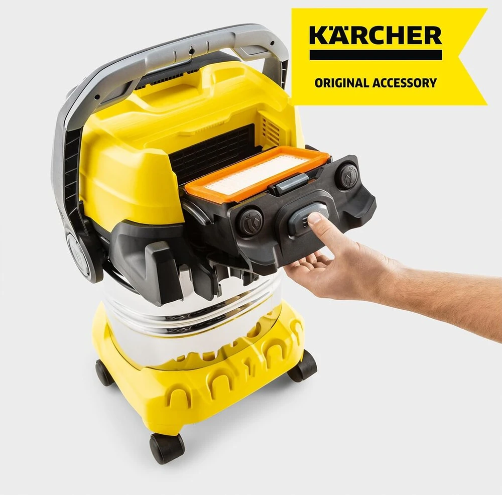 Kärcher plokščias klostuotas filtras Kärcher universaliems dulkių siurbliams Wd 4–wd 6 (greitai ir lengvai pakeičiamas, be kontakto su nešvarumais, leidžia siurbti drėgnus ir sausus paviršius nekeičiant filtro)